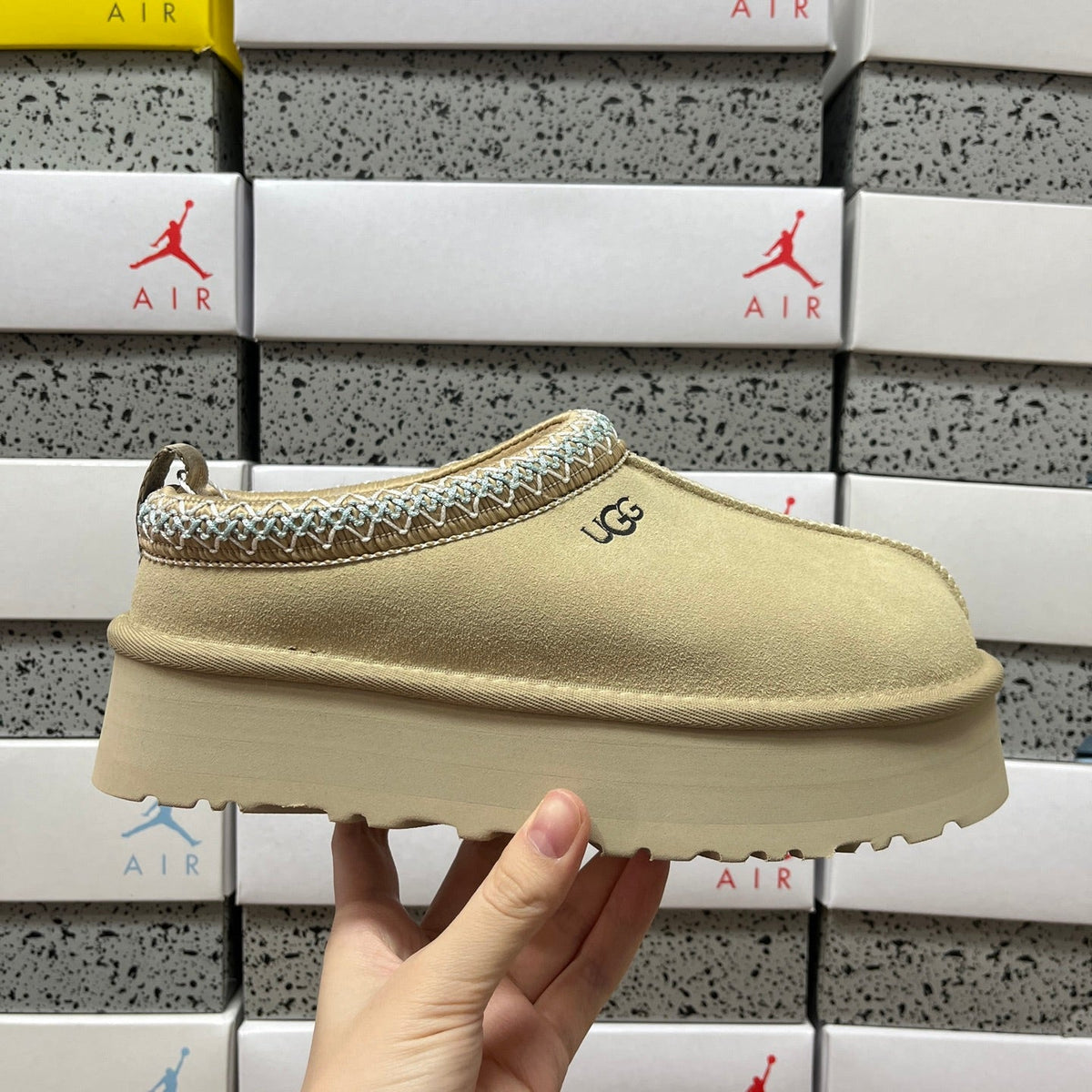 UGG Tazz Platform Slipper – Women’s Suede Clog with Sage Green Braided Collar in Cream