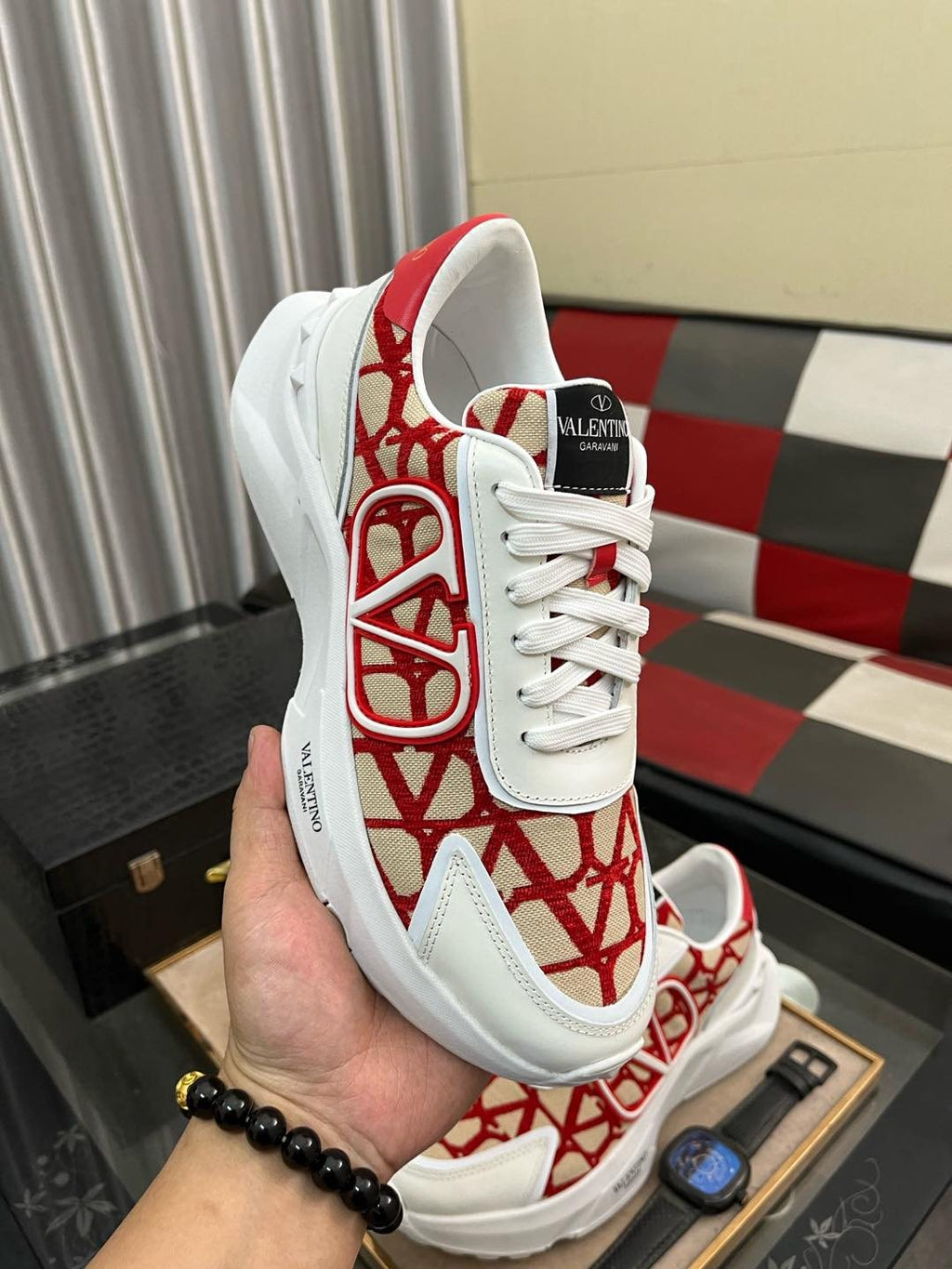 Valentino White and Red Patterned Sneakers