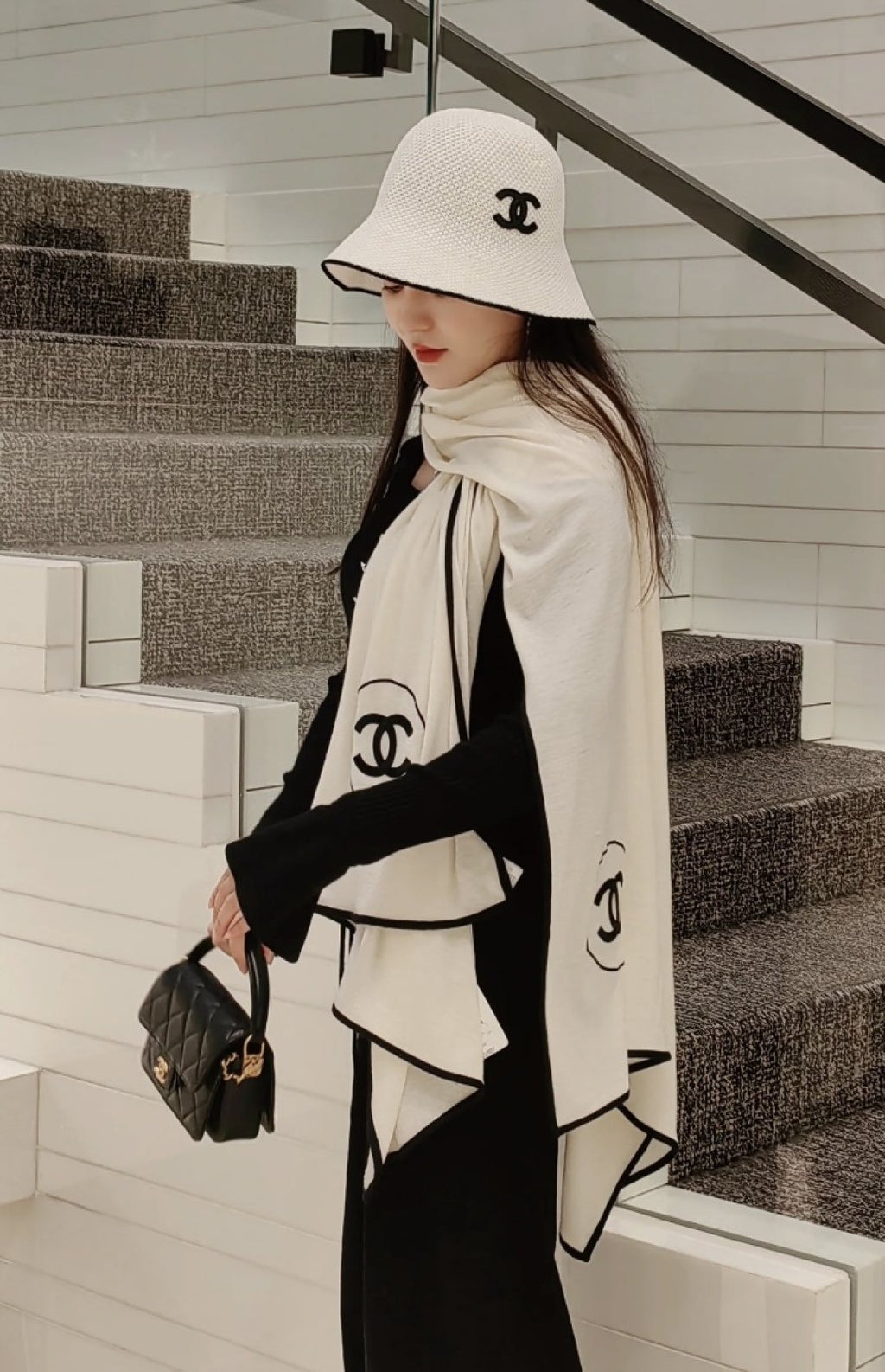 Chanel Reversible Contrast Trim Scarf Shawl